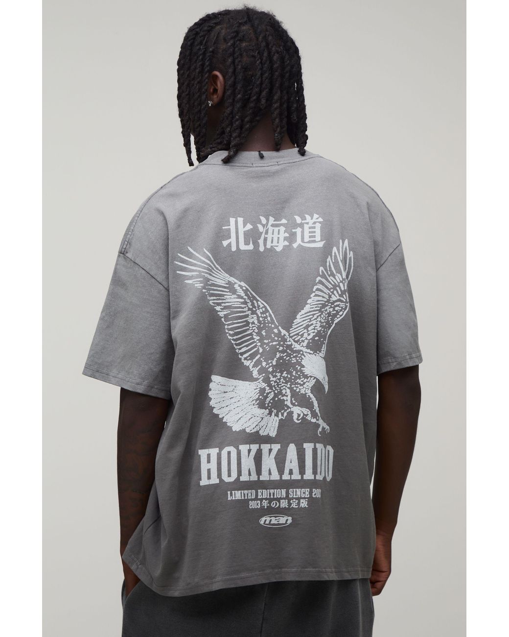 BoohooMAN Gray Oversized Spray Wash Hokkaido Print T-Shirt Cotton for men