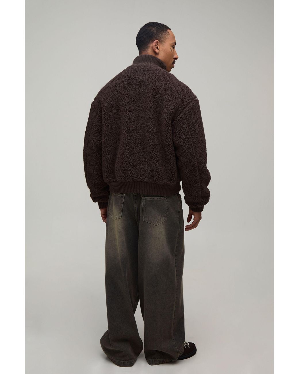 BoohooMAN Gray Boxy Fit Chunky Borg Knit Rib Funnel Jacket for men