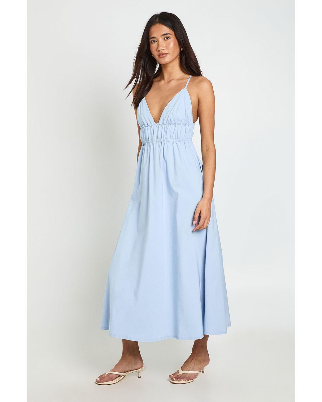 Boohoo Blue Bengaline Elasticated Waist Detail Cross Back Midaxi Dress