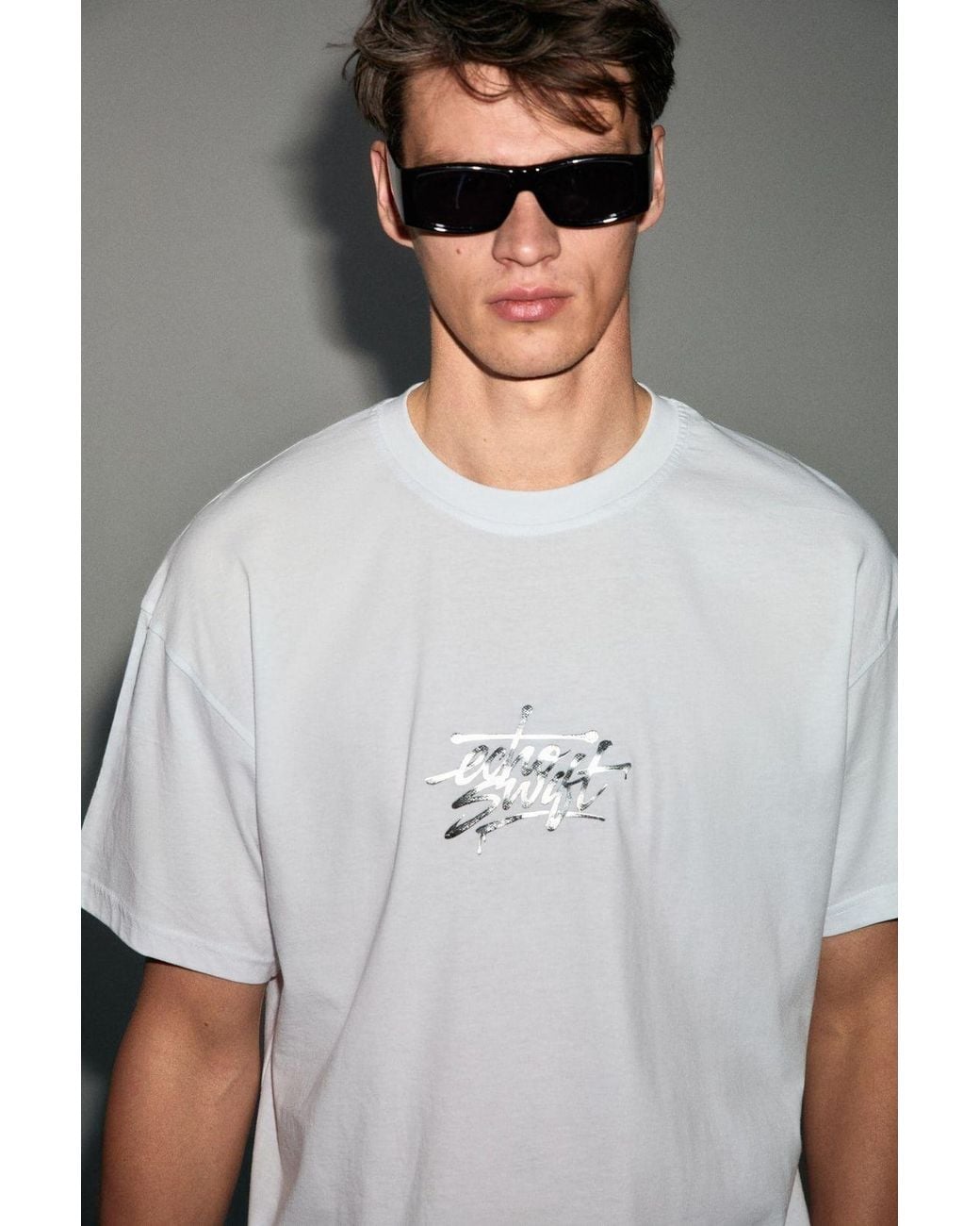 Grimelange Gray Printed Crew Neck Patch T-Shirt for men