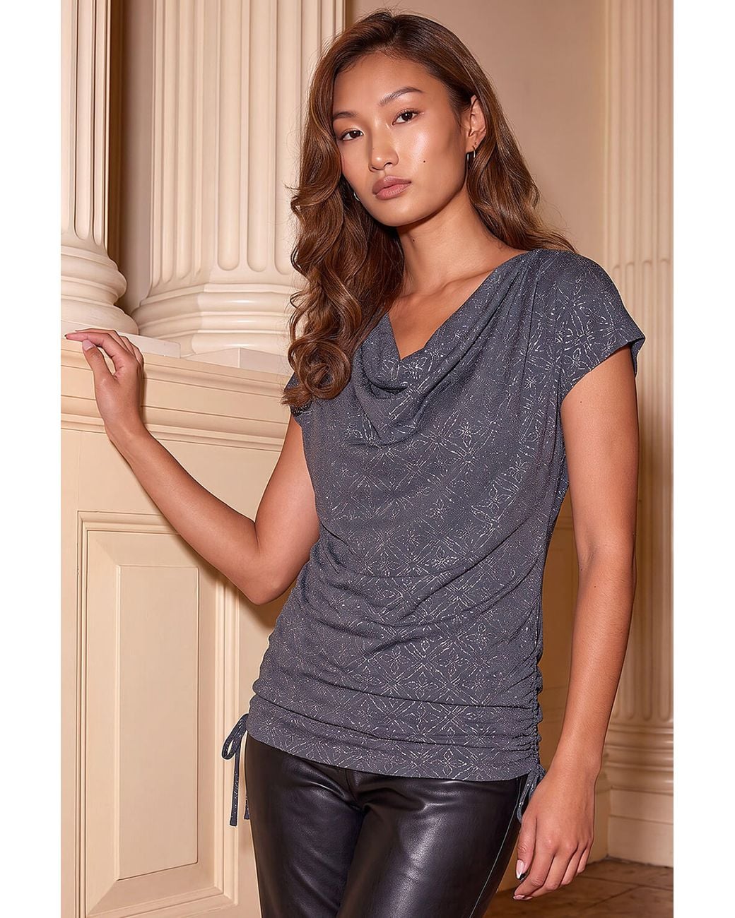 Roman Gray Sparkle Cowl Neck Tie Side Top