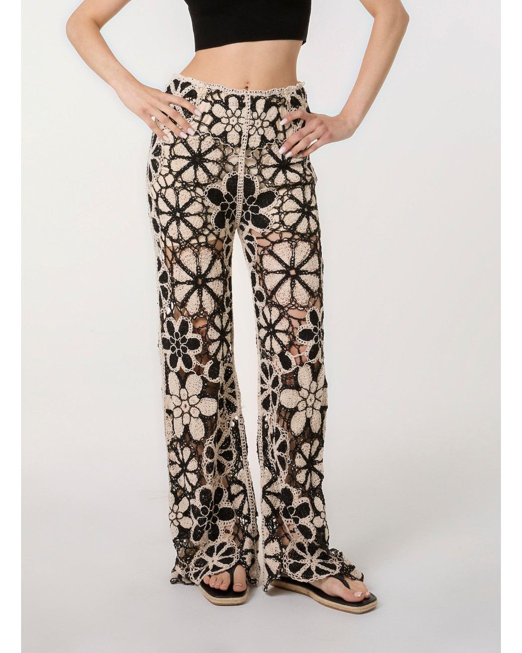 Pink Vanilla White Crochet Pants With Flower Pattern