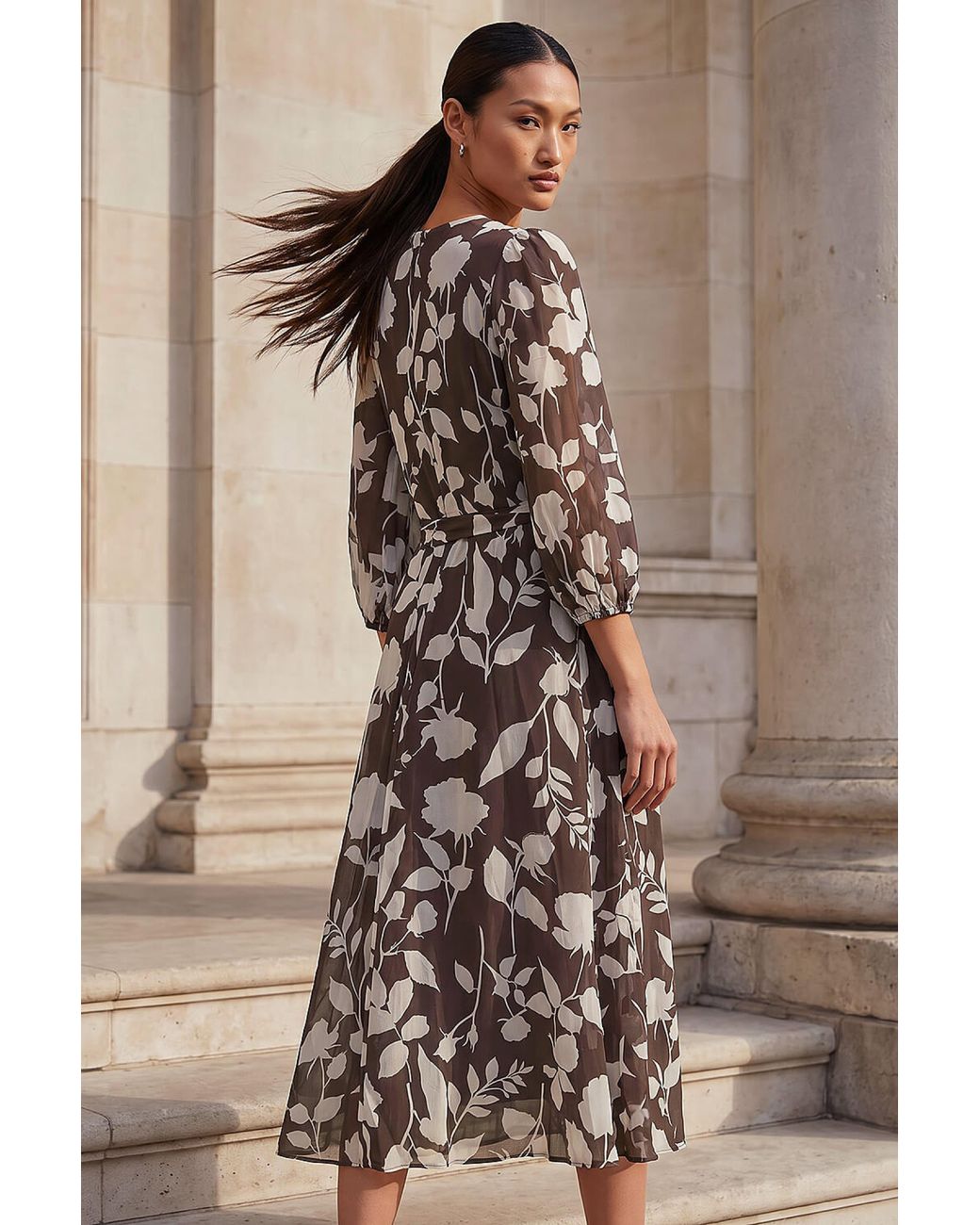 Roman Brown Floral Pleated Midi Dress