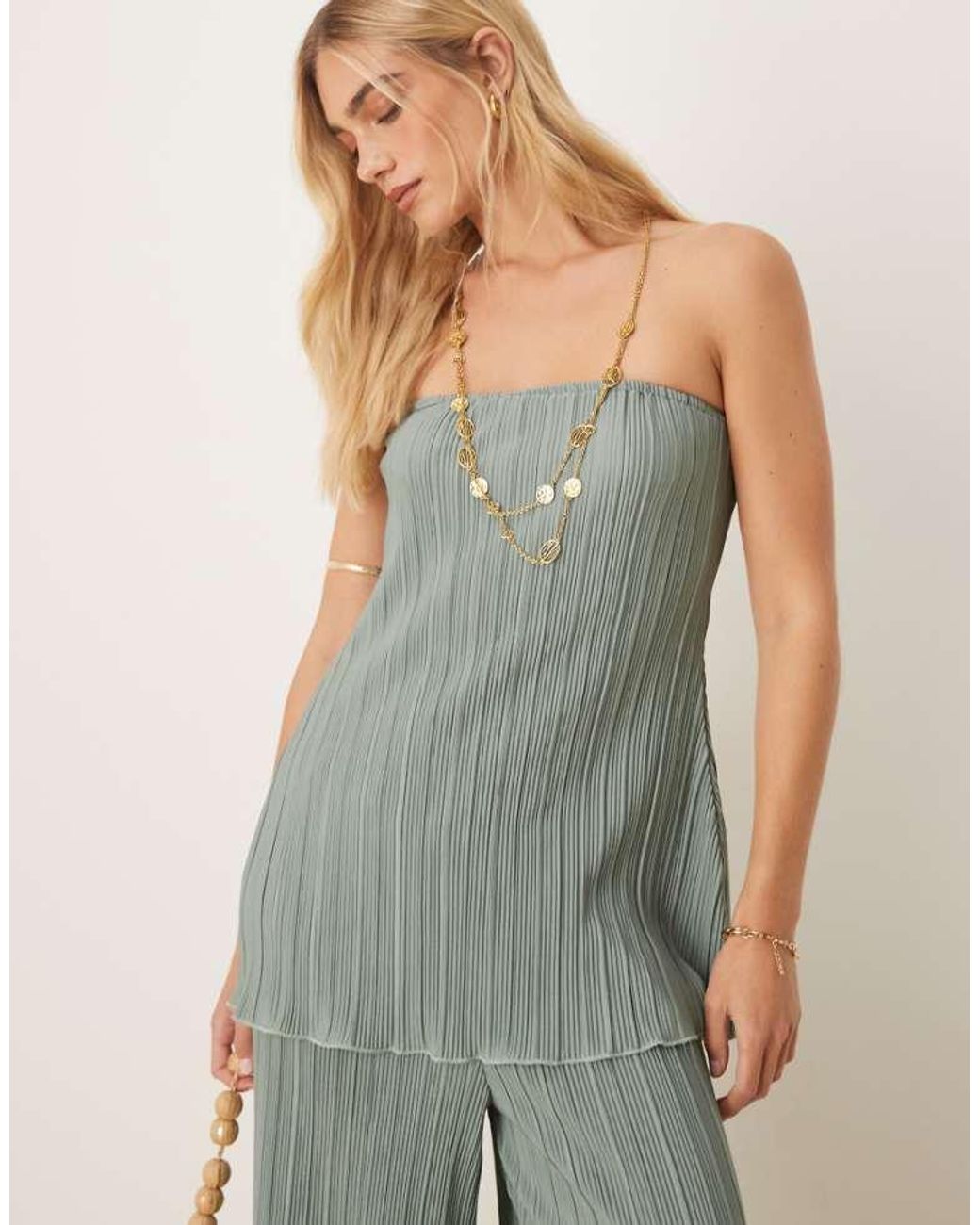 Y.A.S Green Plisse Bandeau Co-Ord With Rolled Hem Detail