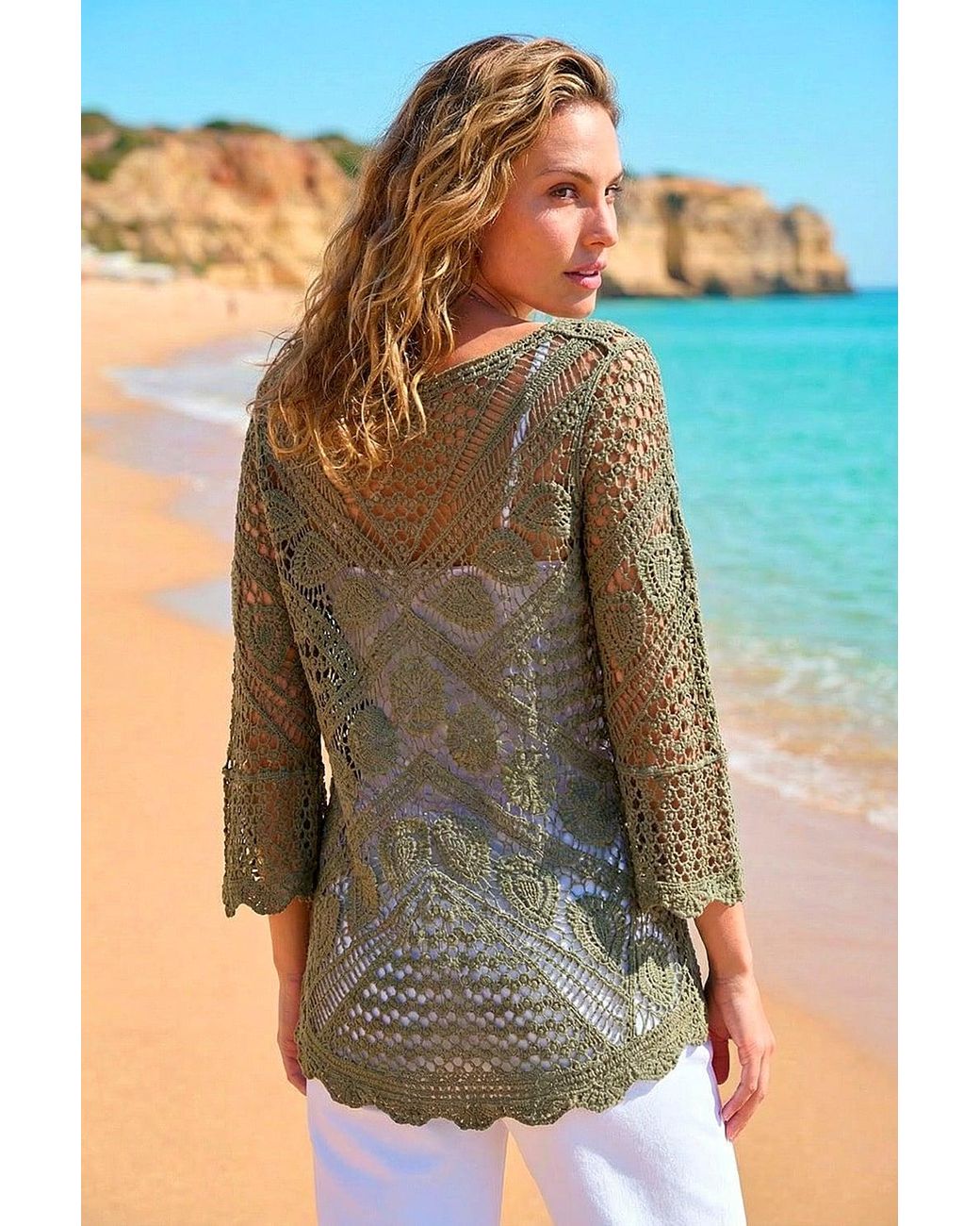 Roman Green Crochet Lace V-Neck Open Knit