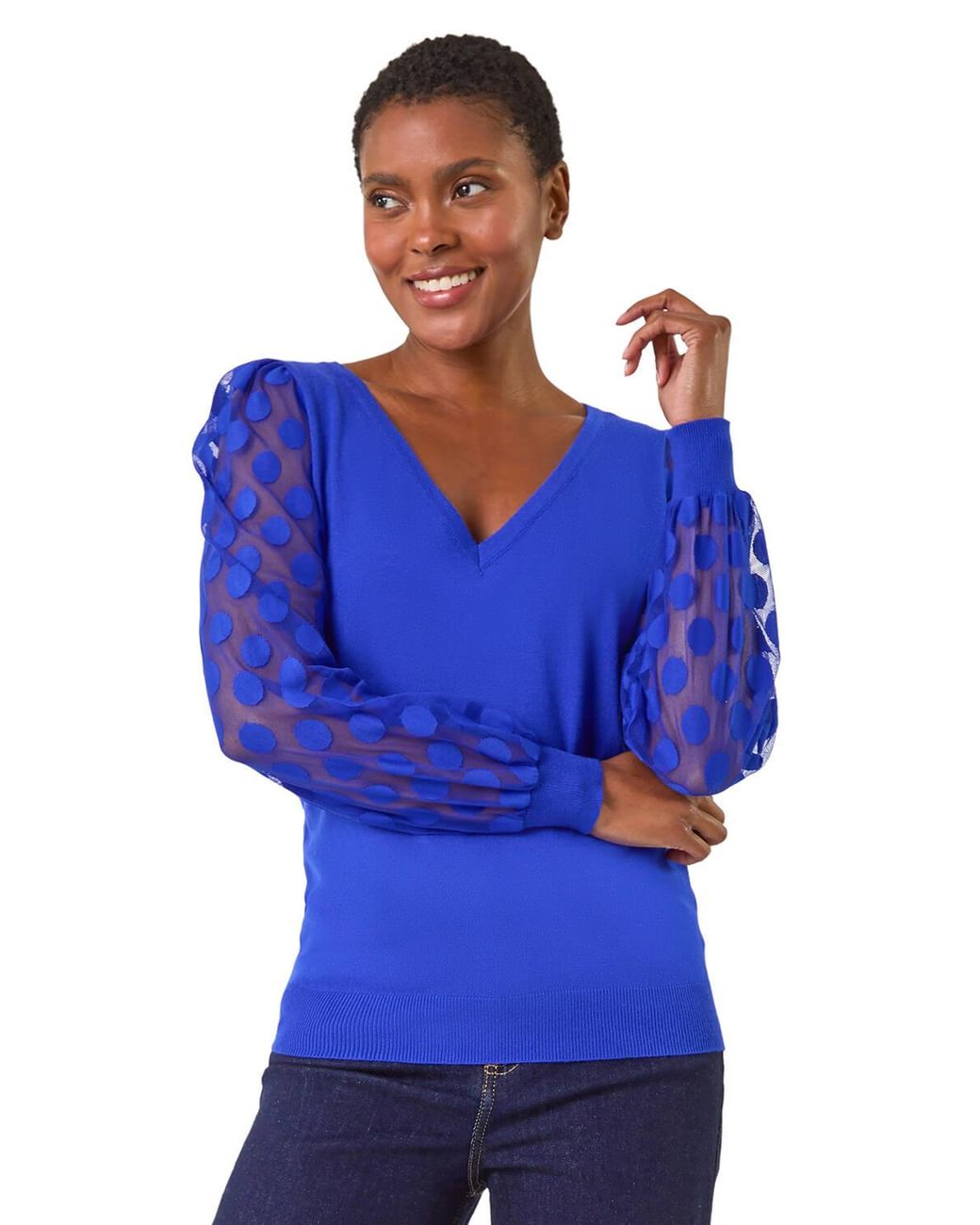 Roman Blue Polka Dot V-Neck Sleeve Knit Jumper
