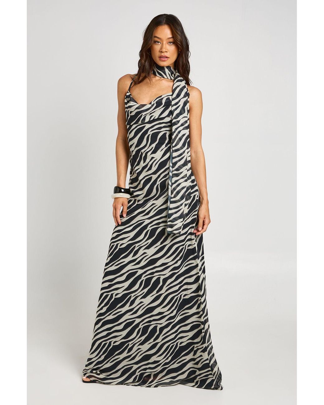 Boohoo White Tall Zebra Print Chiffon Cowl Neck Maxi Dress With Scarf