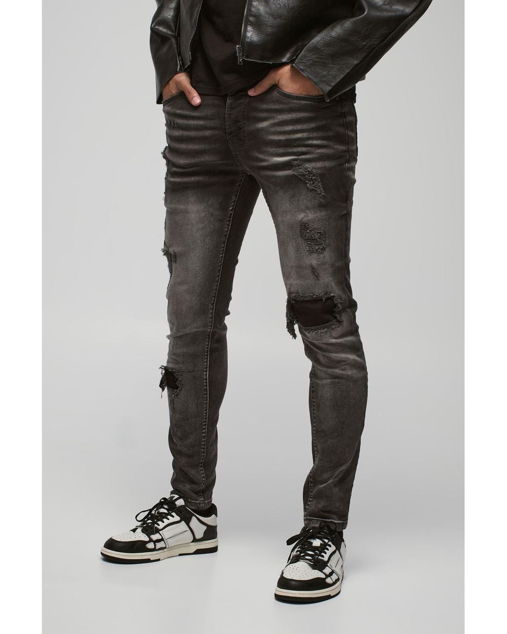 BoohooMAN Black Skinny Stretch Rip & Repair Self Fabric Jeans for men