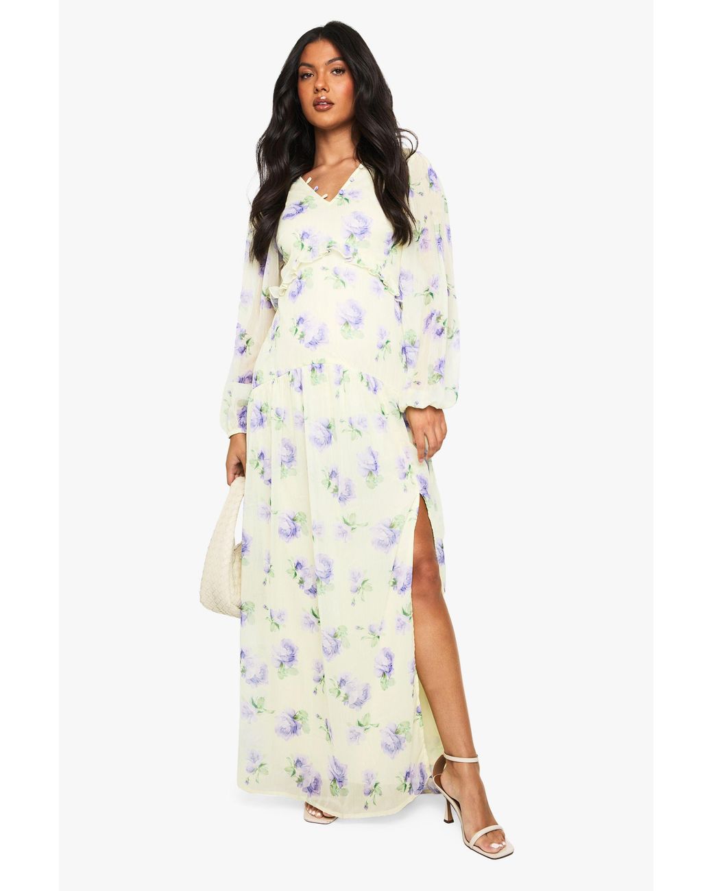 Boohoo White Maternity Chiffon Long Sleeve Pleated Waist Maxi Dress