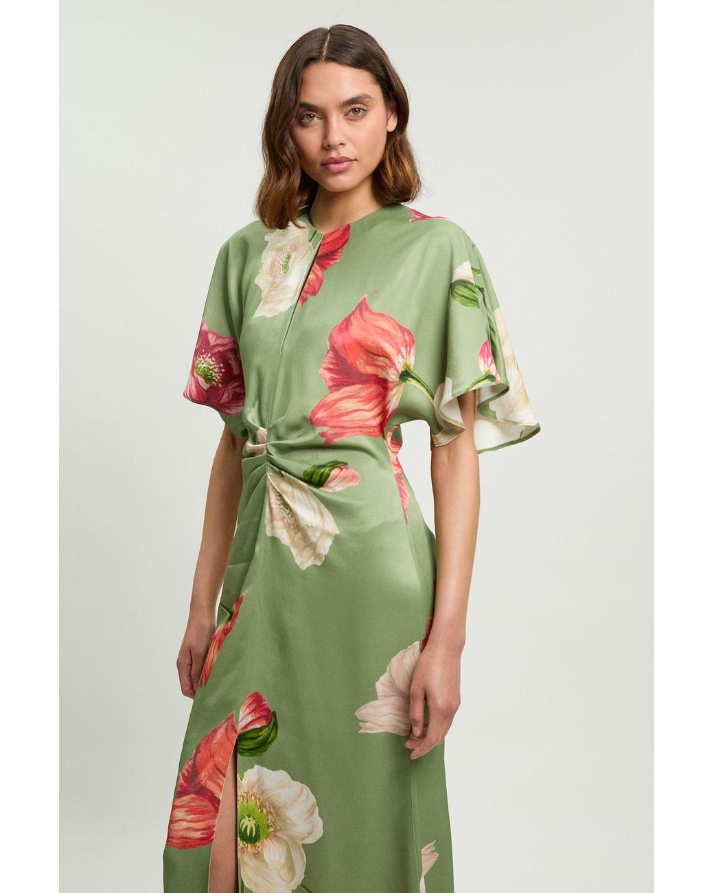 Karen Millen Natural Floral Print Viscose Satin Crepe Woven Maxi Dress
