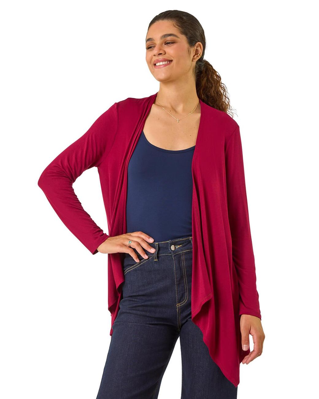 Roman Red Waterfall Front Jersey Knit Cardigan
