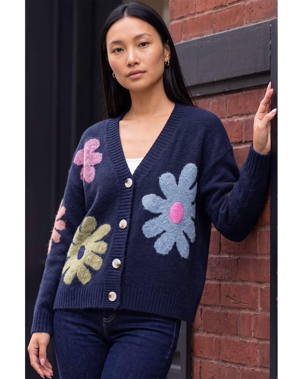 Roman Blue Floral V-Neck Knit Cardigan