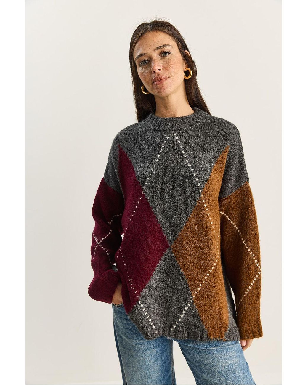 Bianco Lucci Brown Oversized Knitted Diamond Pattern Sweater