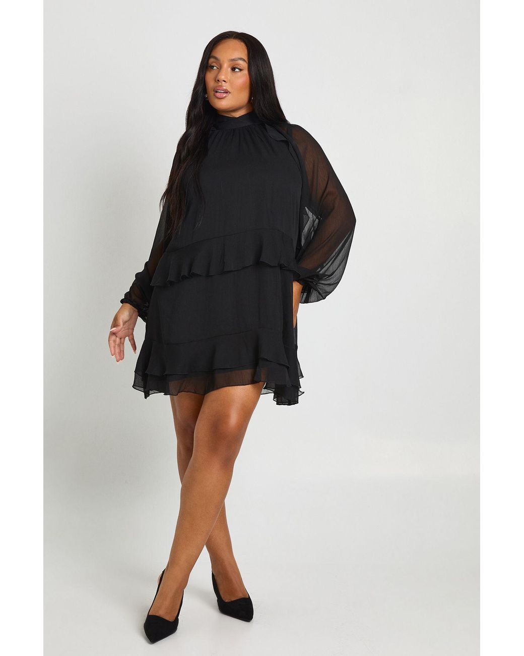 Boohoo Black Plus Chiffon Ruffle Smock Dress