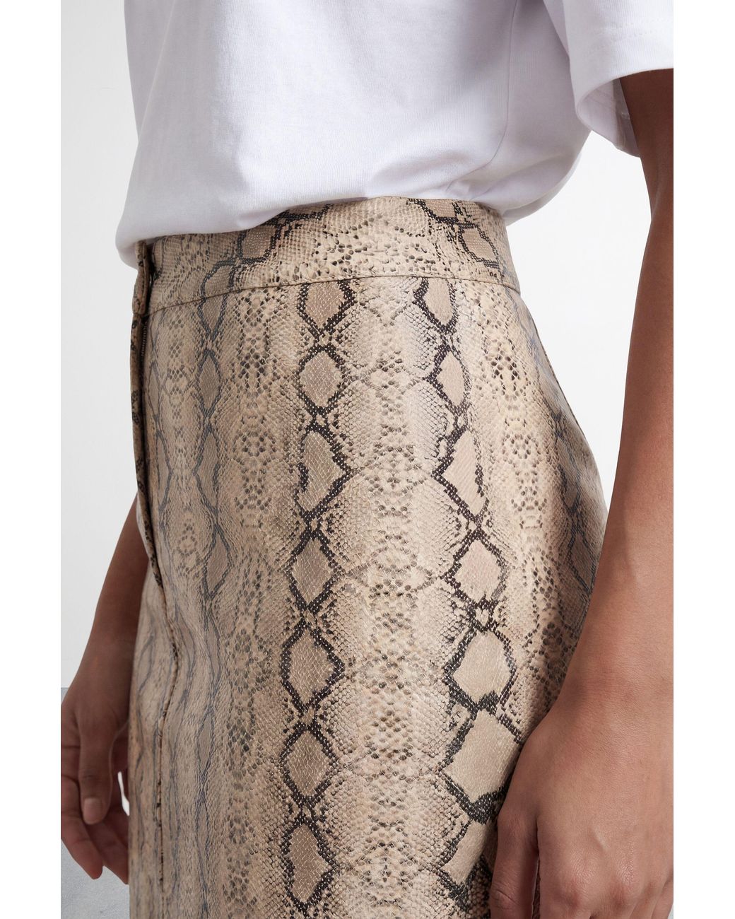 Warehouse Natural Snake Print Faux Leather Midi Skirt