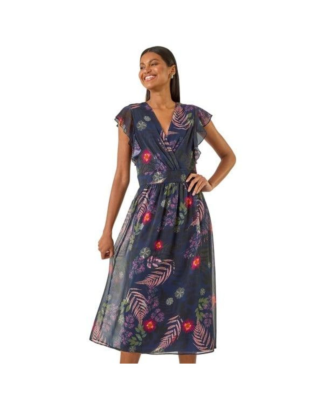 Roman Blue Floral Print Frill Midi Dress