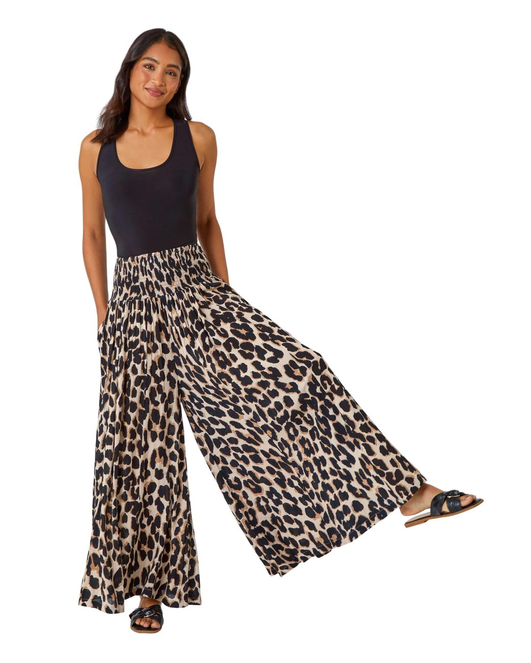 Roman White Animal Shirred Palazzo Stretch Trouser