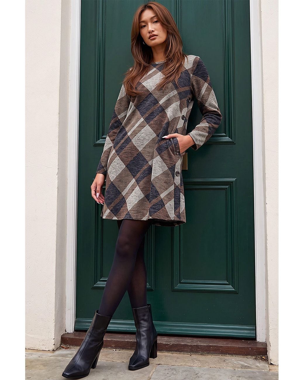 Roman Brown Check Print Swing Dress