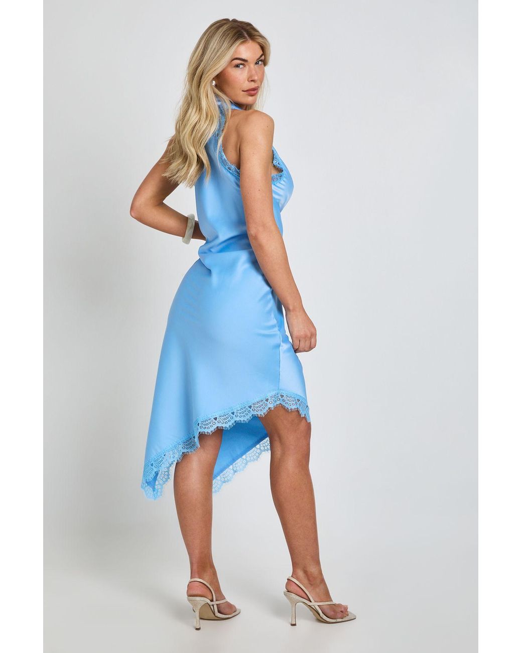 Boohoo Blue Textured Satin & Lace Trim Midi Dress