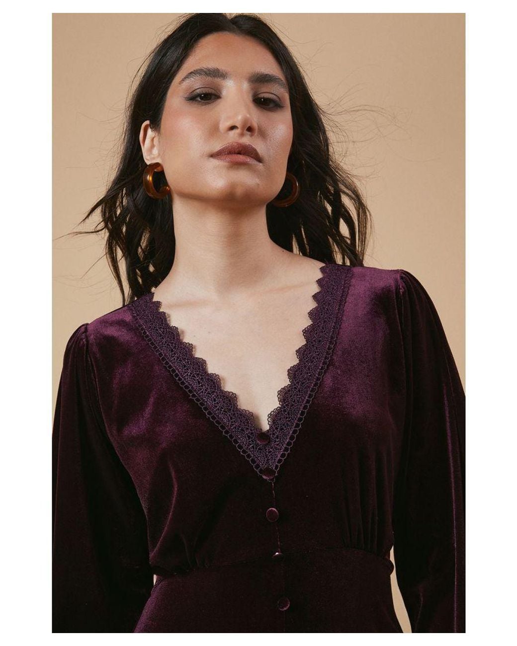 Oasis Black Velvet Lace Trim Button Through Midi Dress
