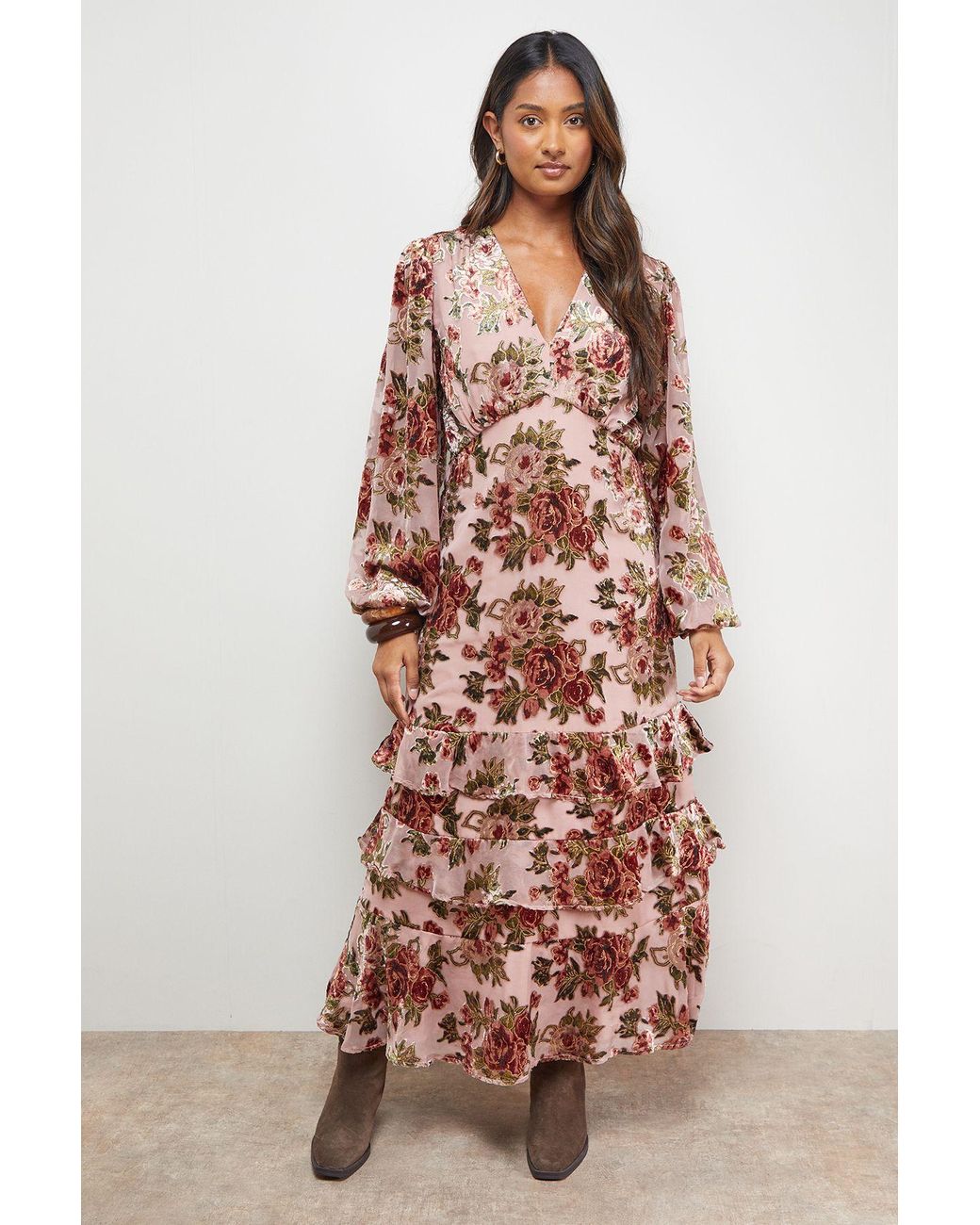 Oasis Multicolor Devore Tiered Puff Sleeve Midi Tea Dress