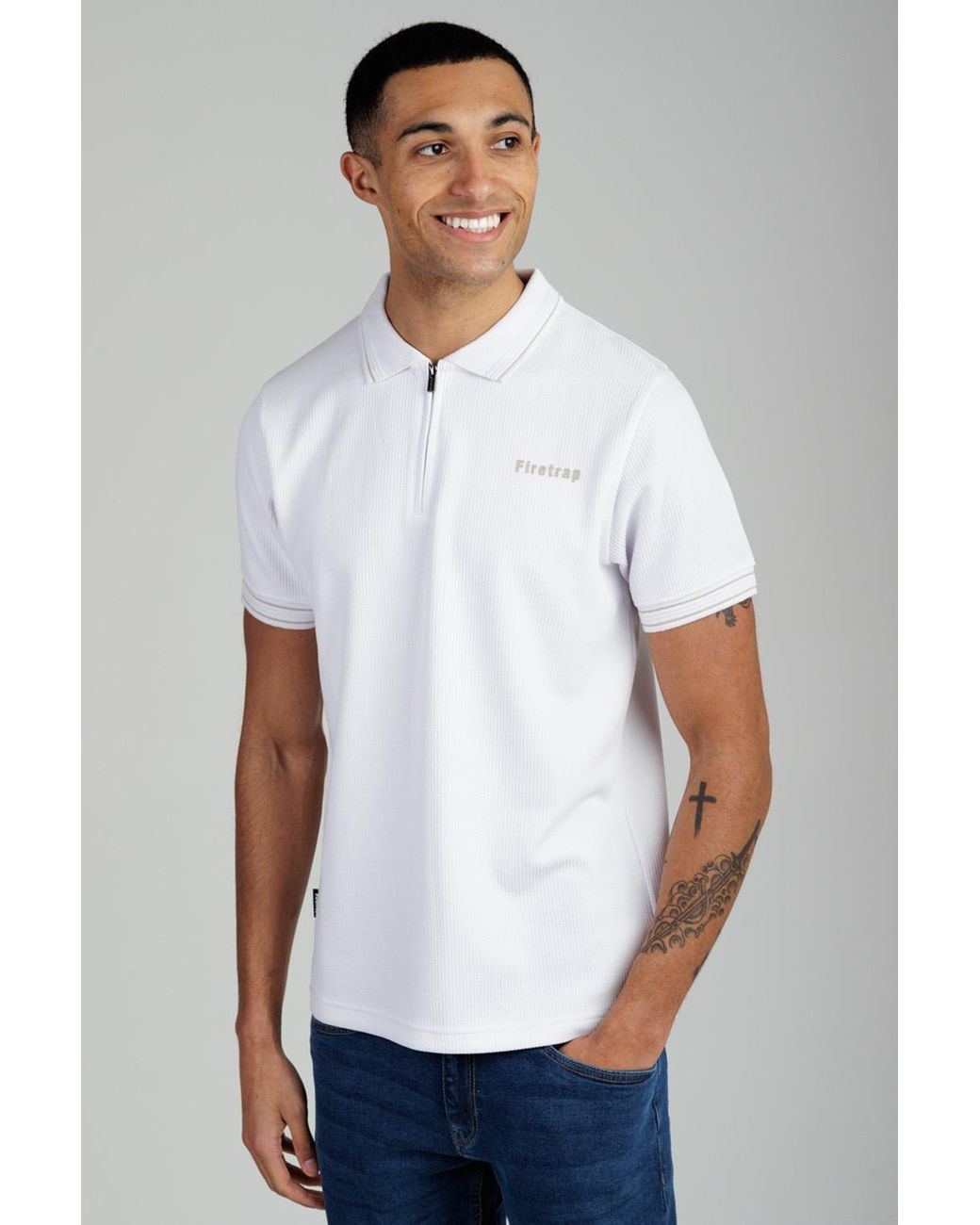 Firetrap White Regular Fit Textured Zip Up Polo Shirt for men