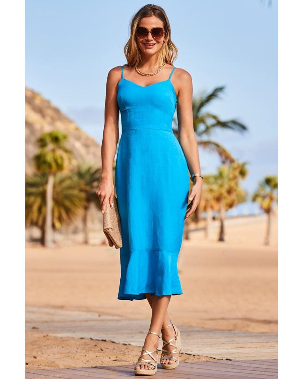 Sosandar Blue Bright Linen Ruffle Hem Midi Dress