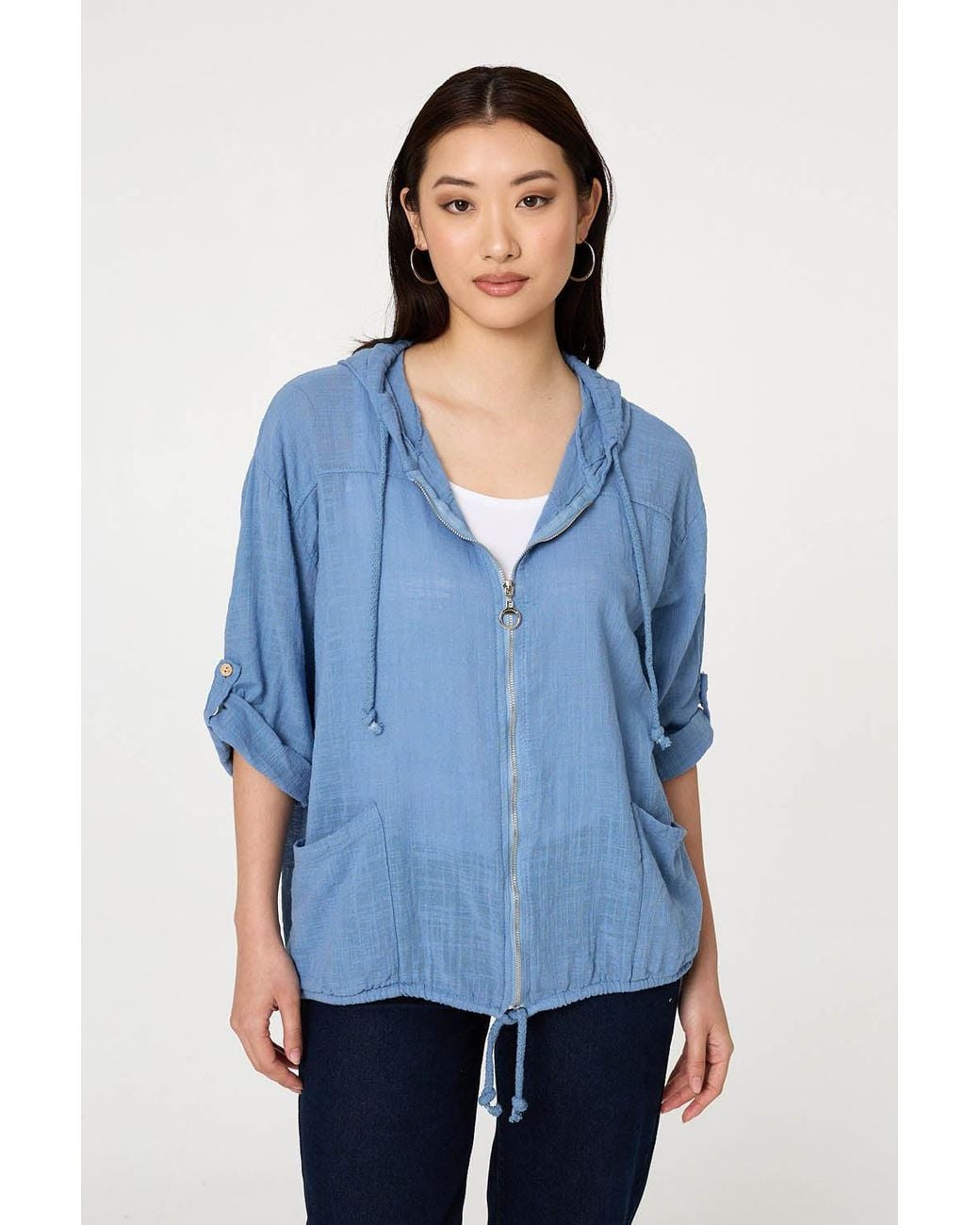 Izabel London Blue 3/4 Sleeve Hooded Zip Front Jacket