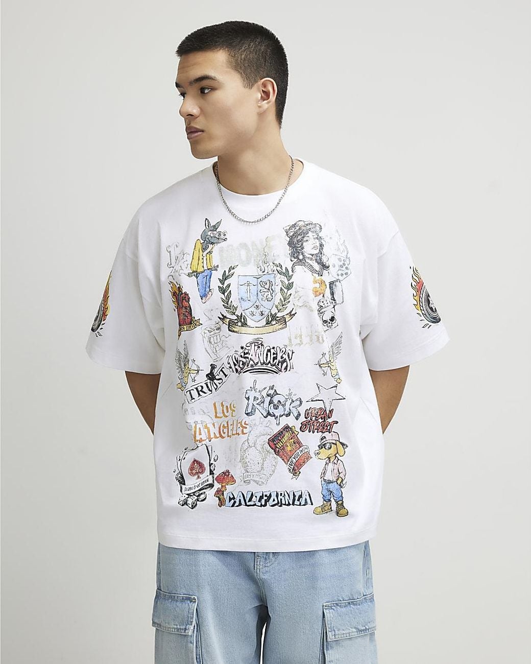 River Island White T-Shirt Oversized Fit Tattoo Graphic Cotton for men