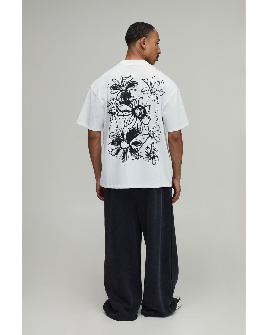 BoohooMAN Gray Oversized Doodle Floral Print T-Shirt Cotton for men