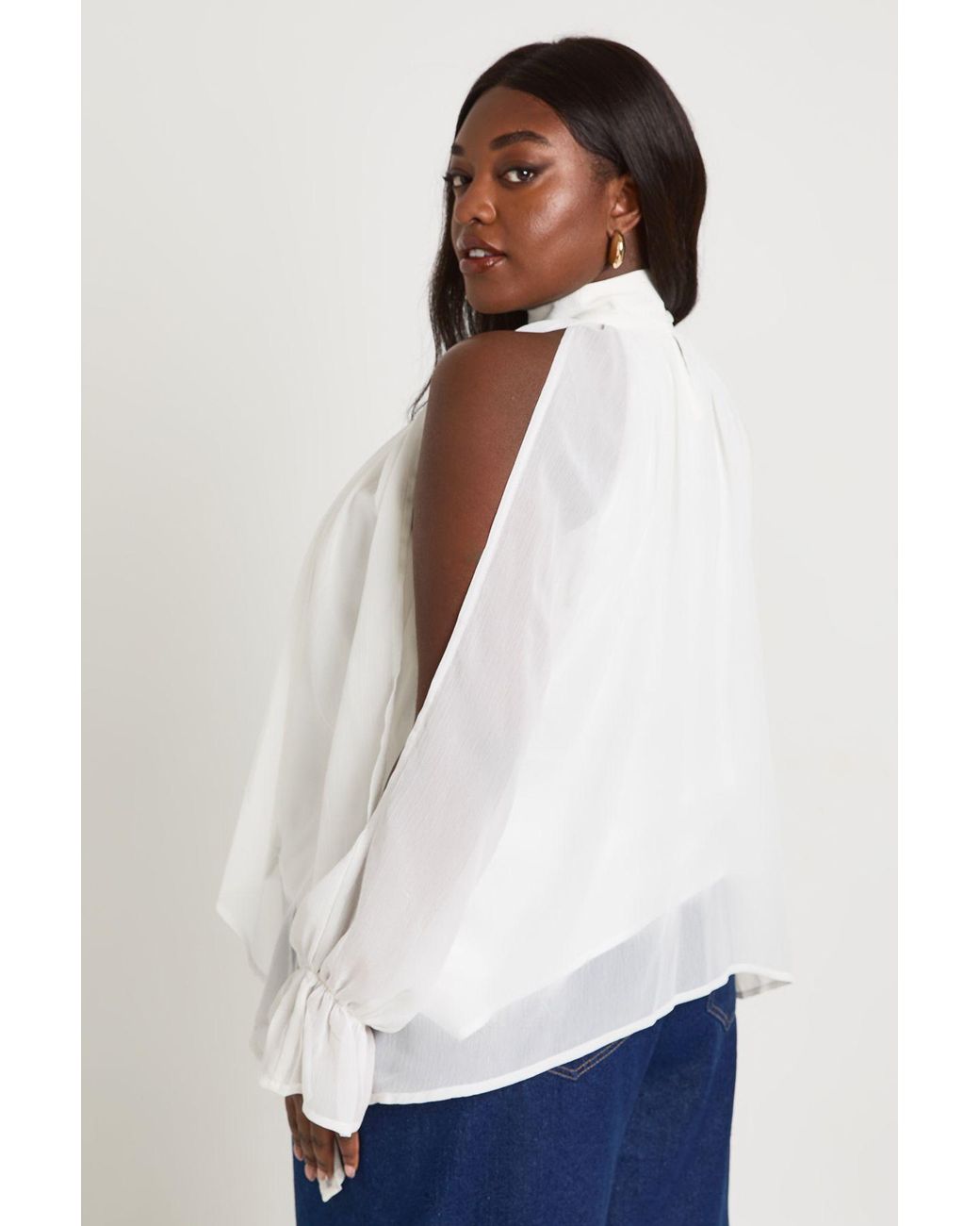 Boohoo White Plus Chiffon Halterneck Long Sleeve Draped Blouse