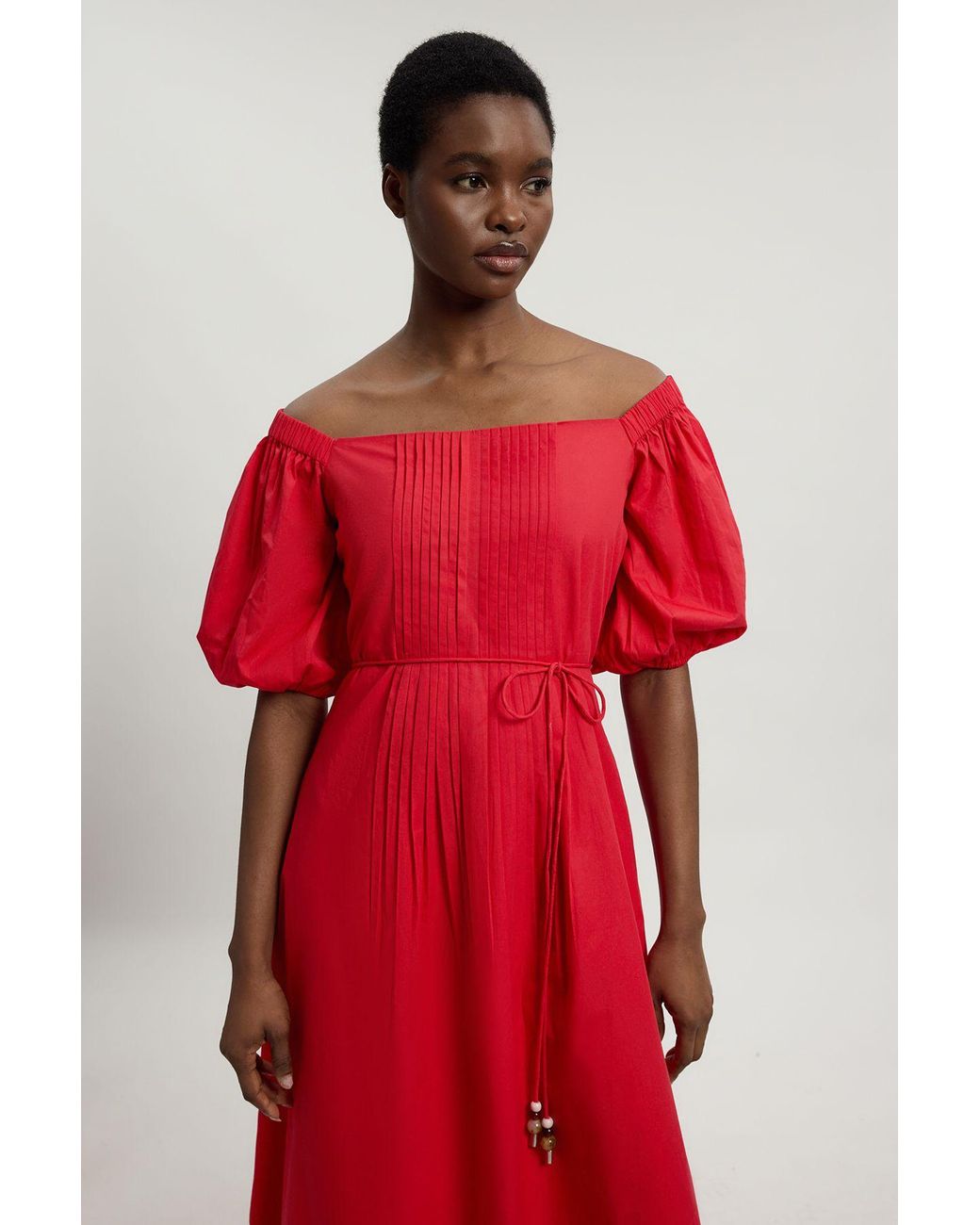 Karen Millen Red Bead Detail Cotton Poplin Bardot Midi Dress