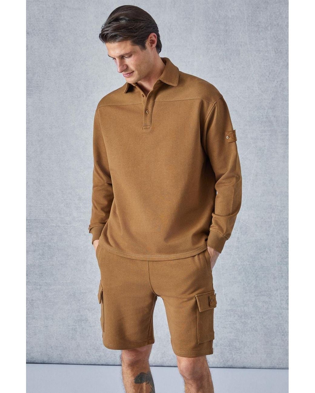 Grimelange Brown Polo Collar Button Sweatshirt for men