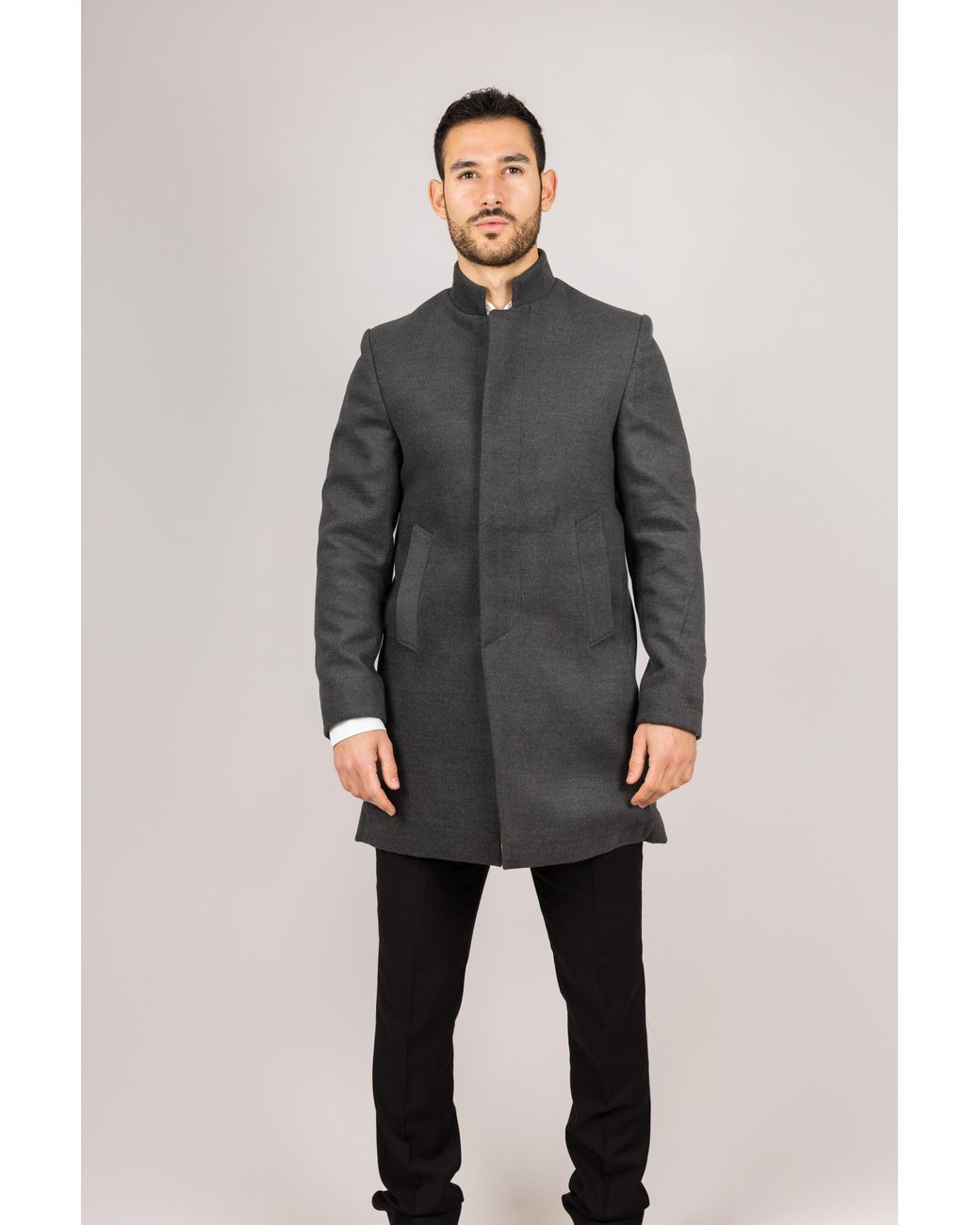 TruClothing Gray Stand Collar Wool Blend Overcoat for men