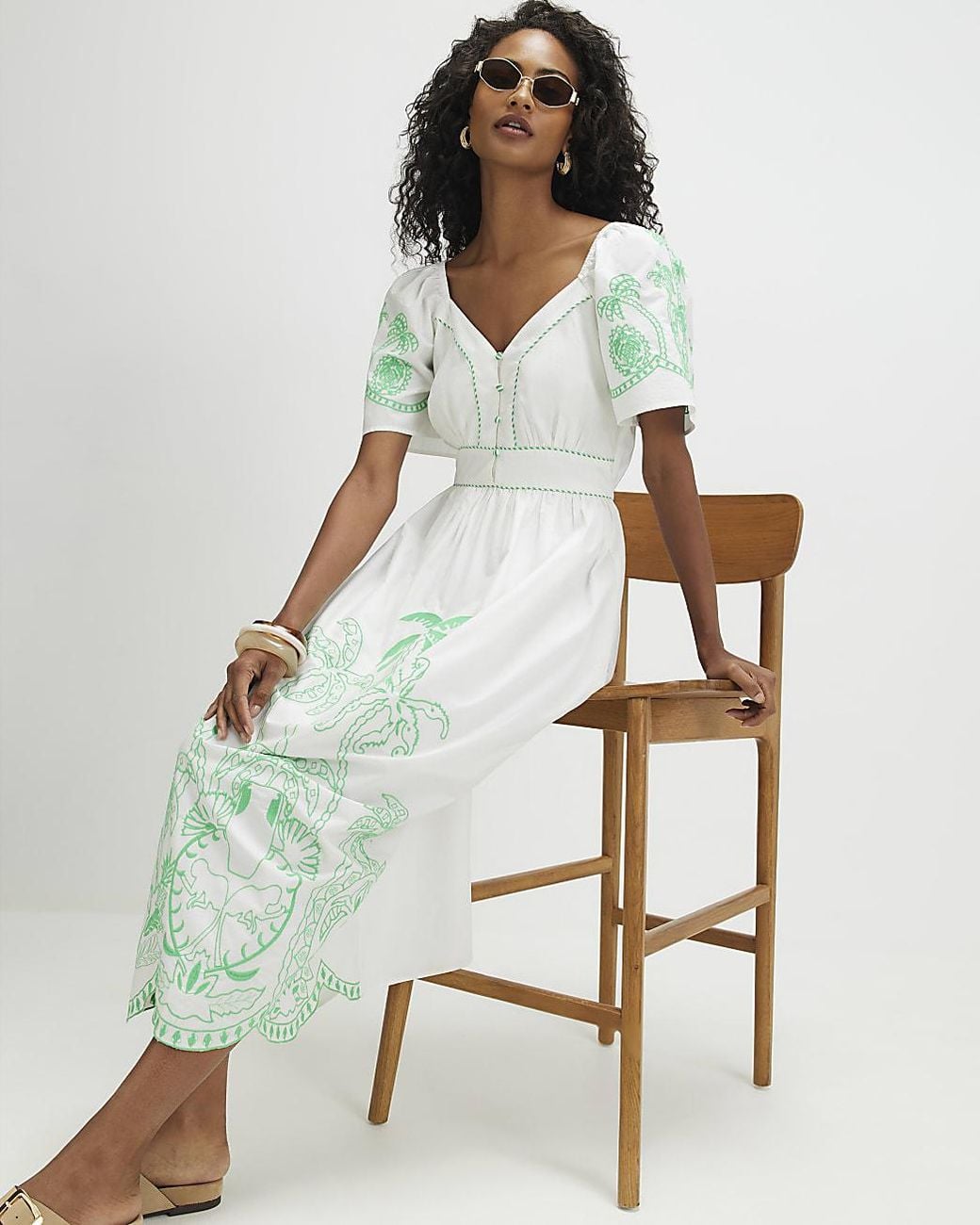 River Island Green Maxi Dress Cotton Palm Embroidered