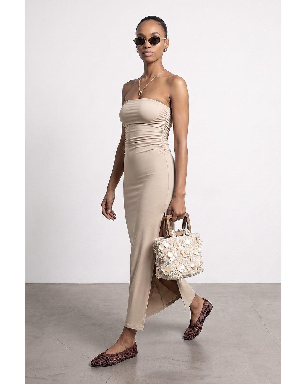 Dilvin Natural Strapless Bodycon Maxi Dress With Slit