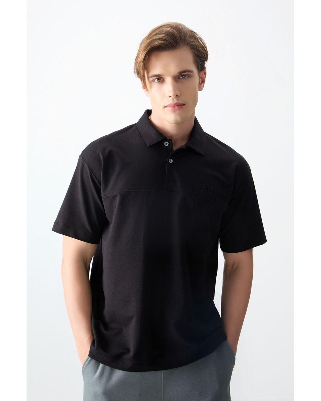 TOMMY LIFE Black Oversized Polo Collar T-Shirt for men