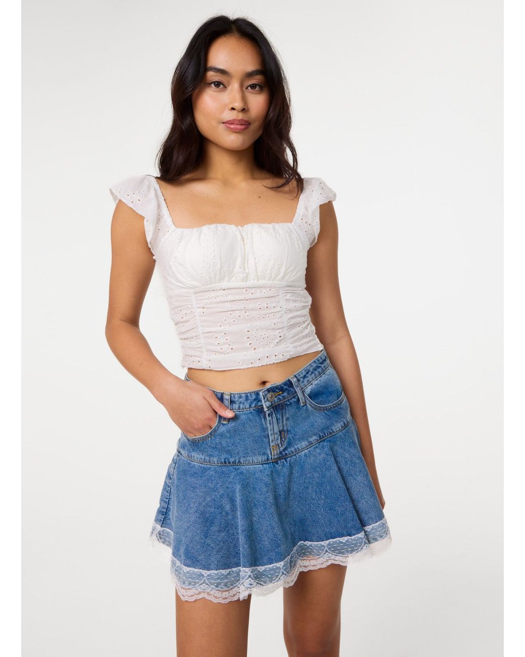 Pink Vanilla Blue Broderie Frill Sleeve Top