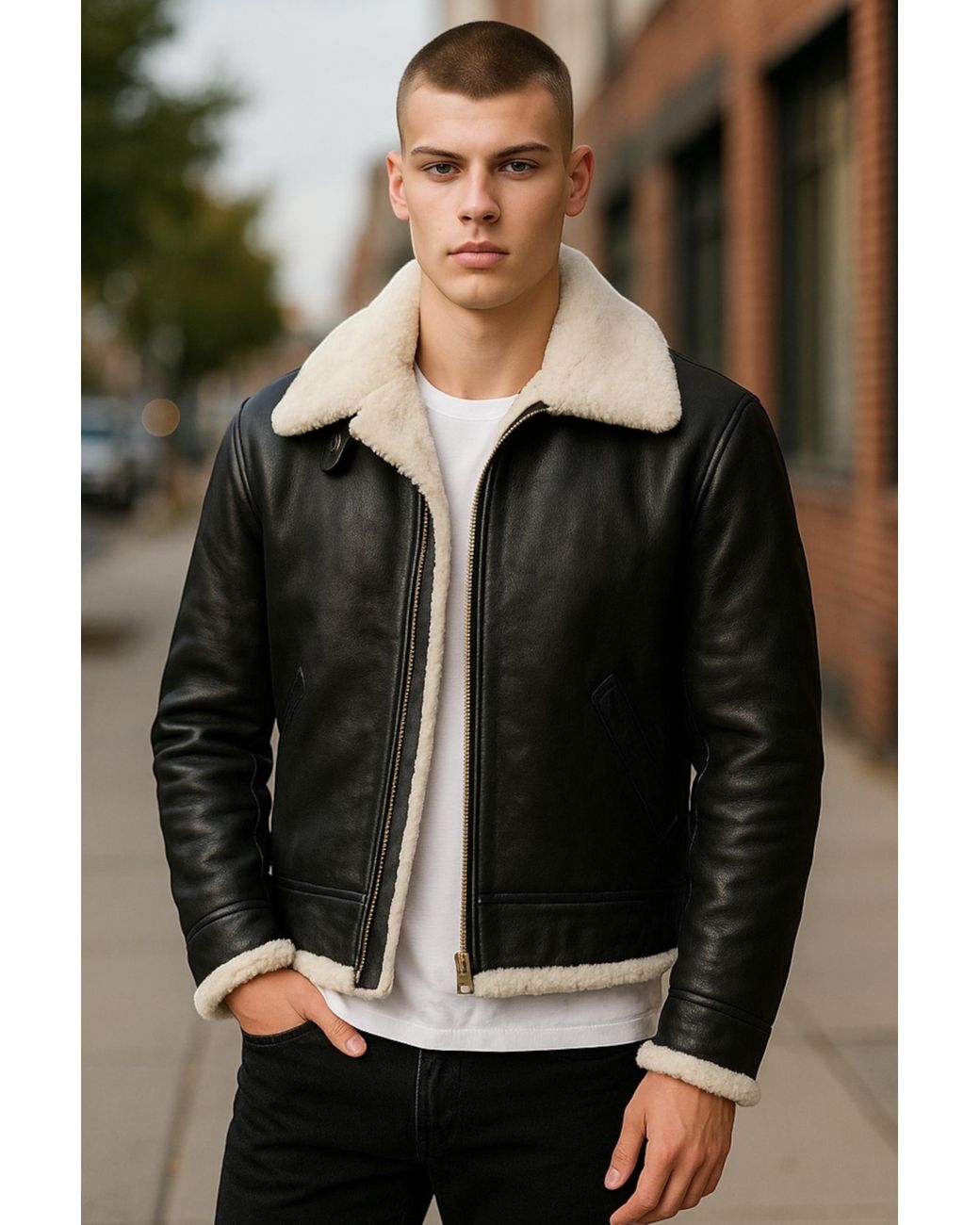 Infinity Leather Black Cream B3 Aviator Real Sheepskin Flying Jacket-Hobart for men