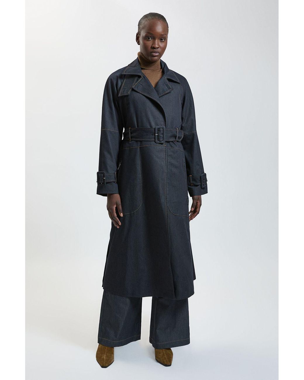 Karen Millen Blue Tailored Denim High Neck Belted Trench Coat