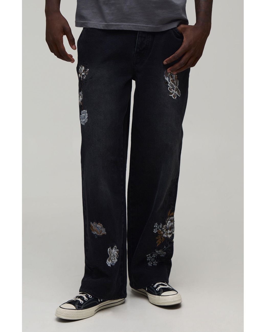 BoohooMAN Black Mono Floral Relaxed Fit Jeans for men