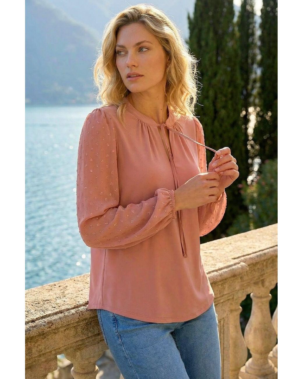 Roman Red Tie Neck Shimmer Dobby Sleeve Top