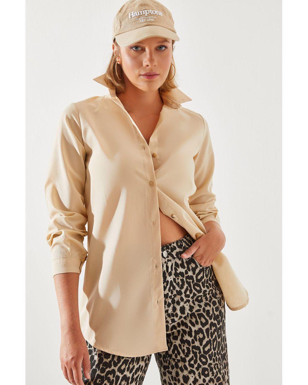 Bianco Lucci Natural Poplin Button-Up Shirt