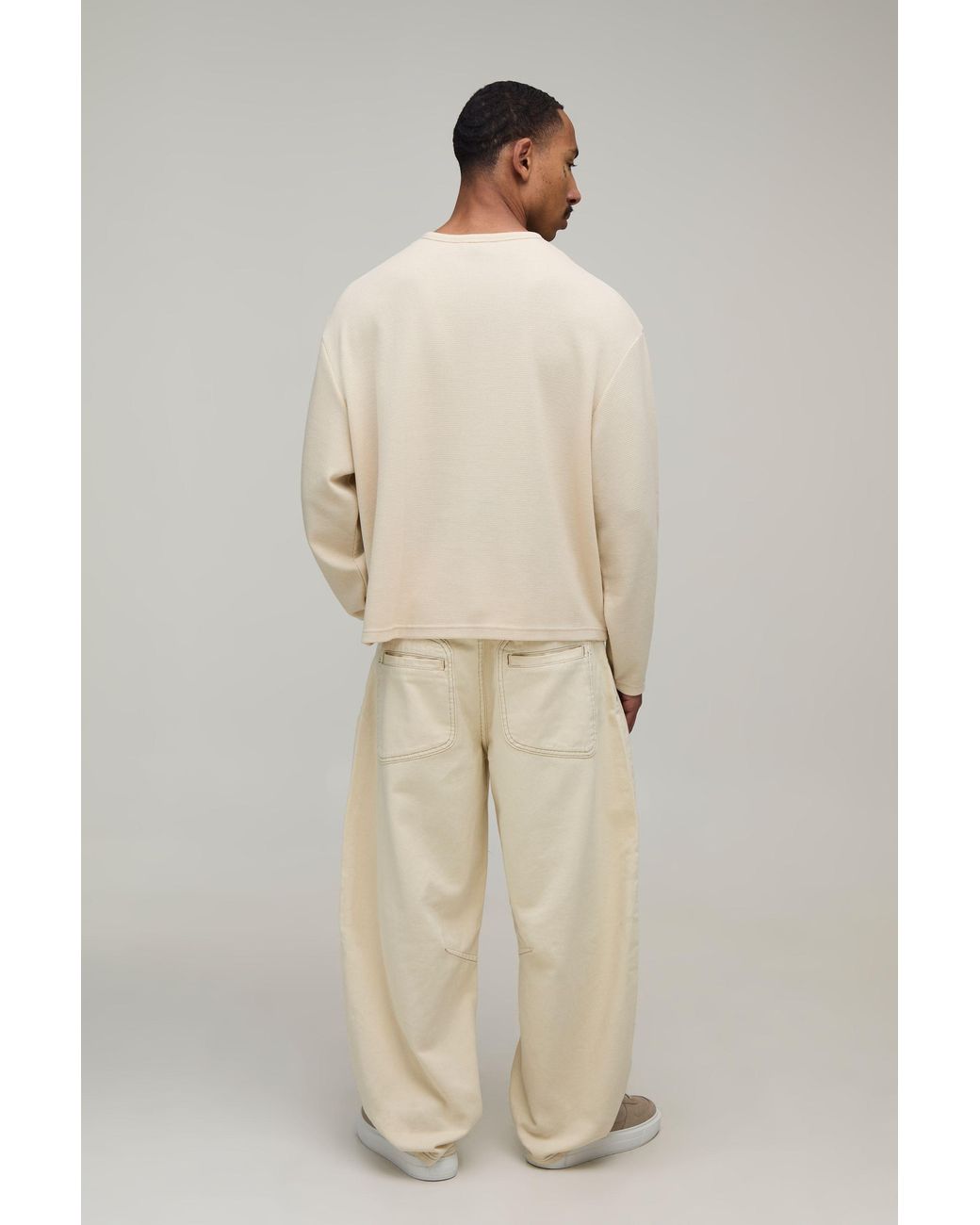 BoohooMAN Natural Oversized Boxy Waffle Long Sleeve Henley for men
