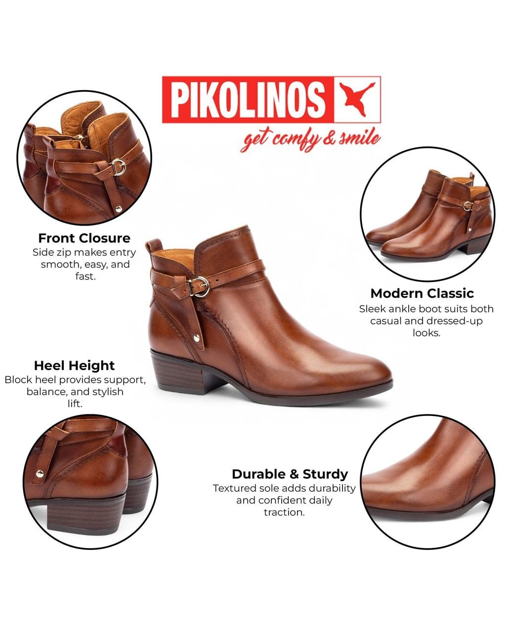Pikolinos Brown Cuero Leather Ankle Bootie Zip Heel Boots