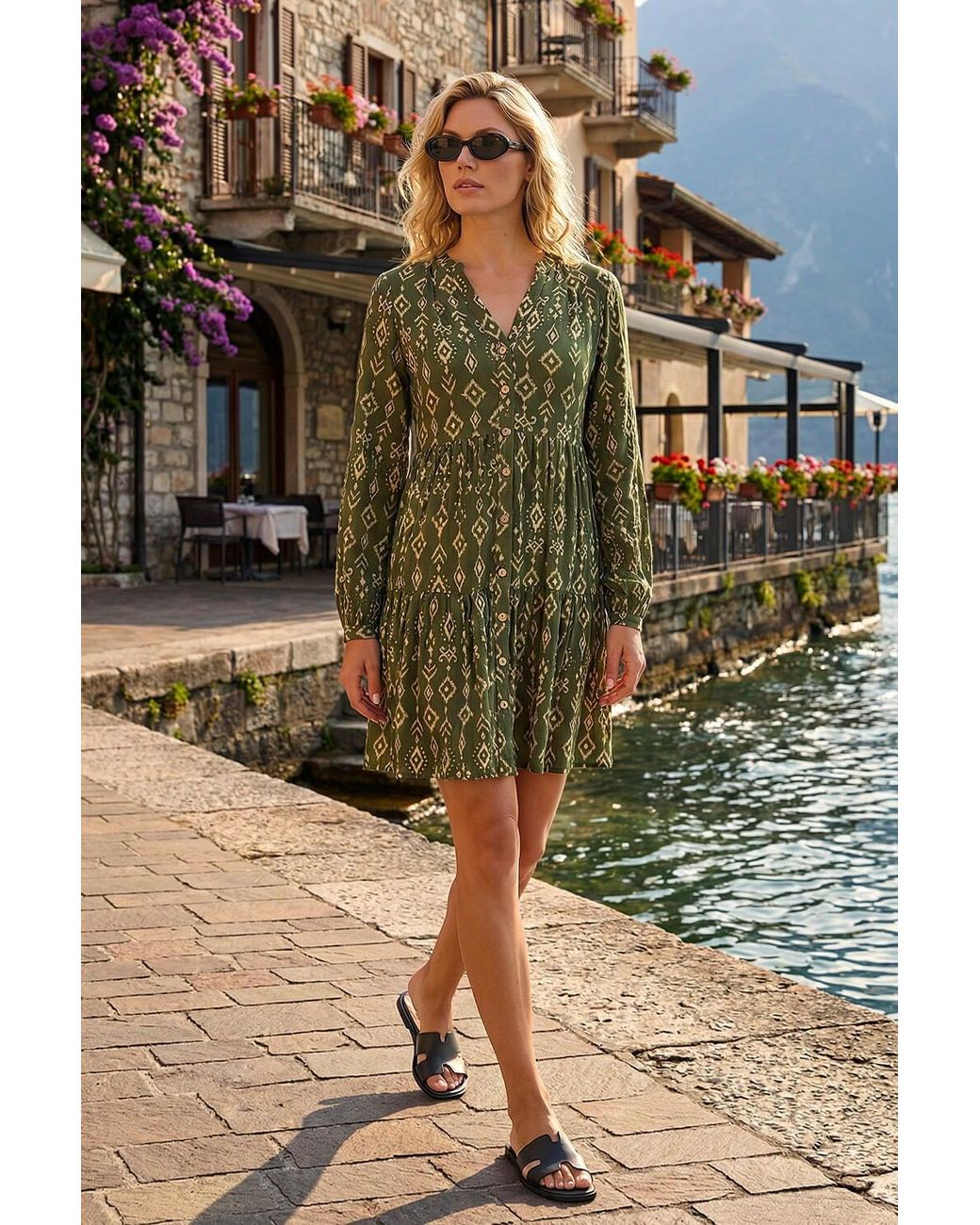 Roman Green Aztec Print Button Stretch Swing Dress