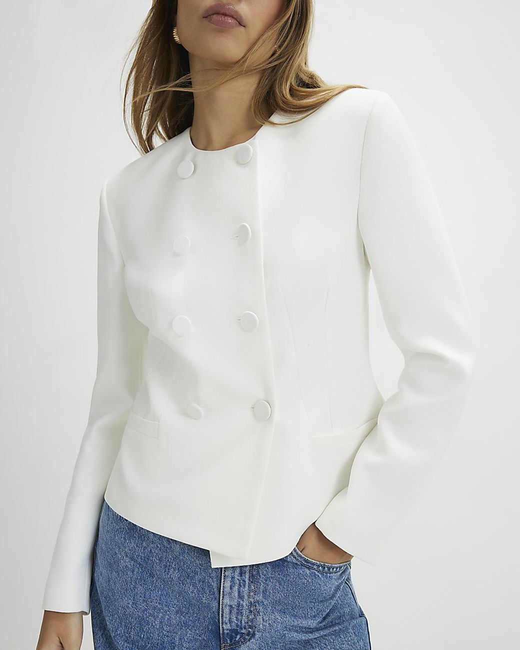 River Island White Blazer Long Sleeve Short Cape Round Neck
