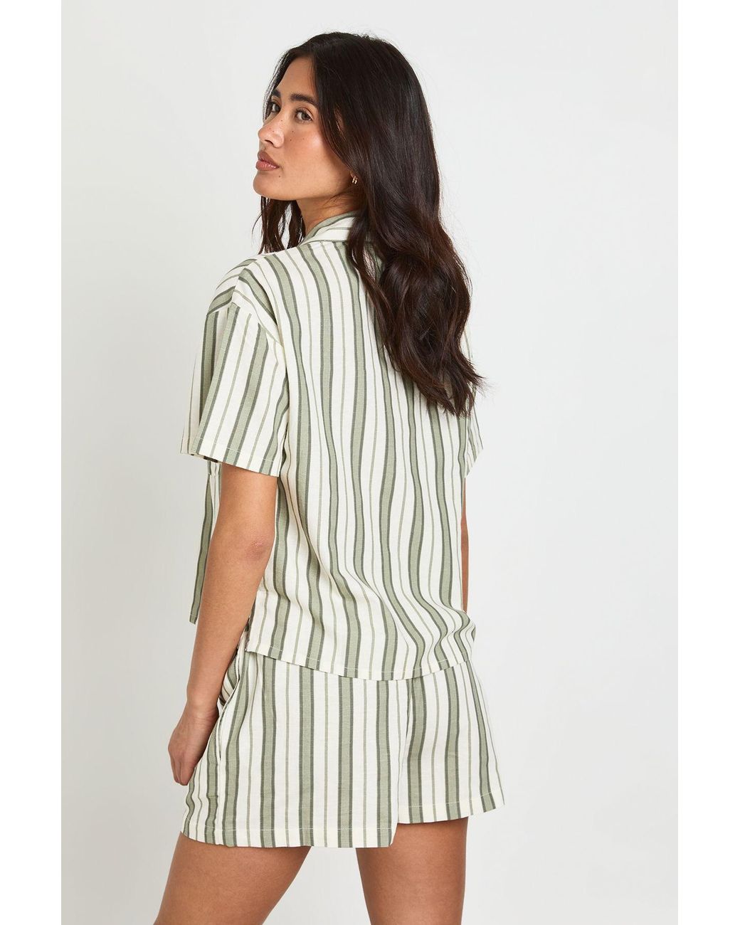 Boohoo Green Premium Linen Stripe Short Sleeve Shirt
