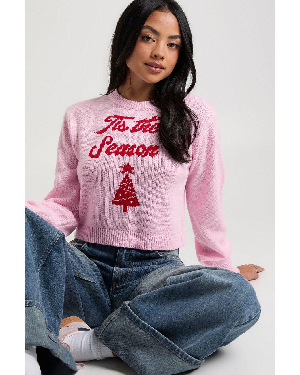 Boohoo Pink Tis The Season Cropped Christmas Jumper