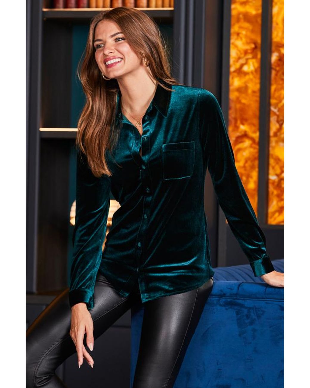 Sosandar Blue Emerald Velvet Shirt